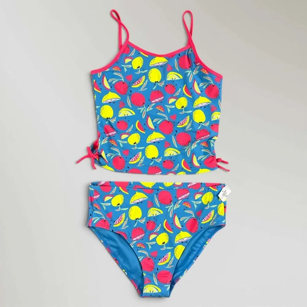 NWT Epic Threads Tankini 2 Piece Swimsuit Vivid Sky Blue Fruit Size Girl's XL